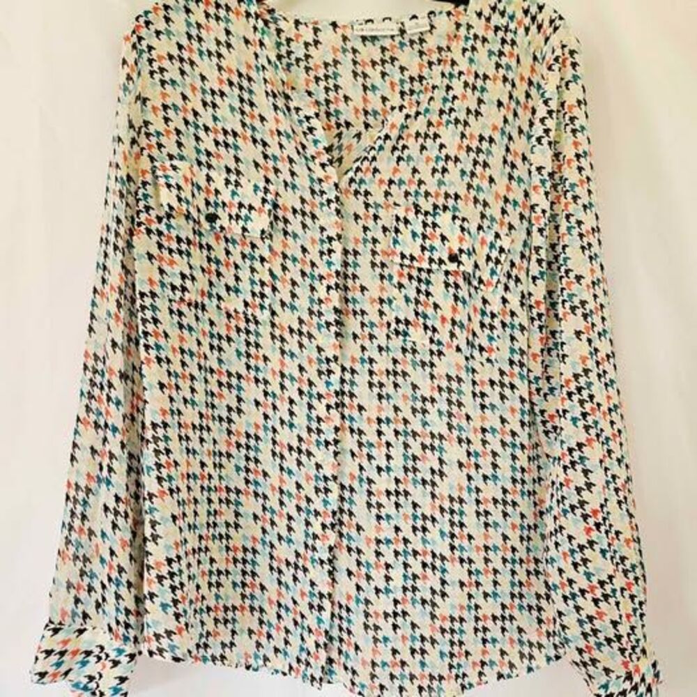 Liz Claiborne XL Multicolor Houndstooth Print Button Front Blouse